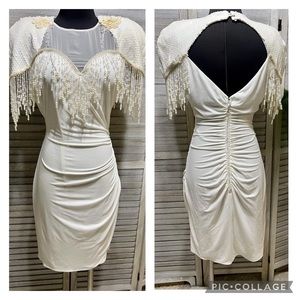 1980’s BOMBSHELL Fringe Beaded Ruched Vintage Dress
